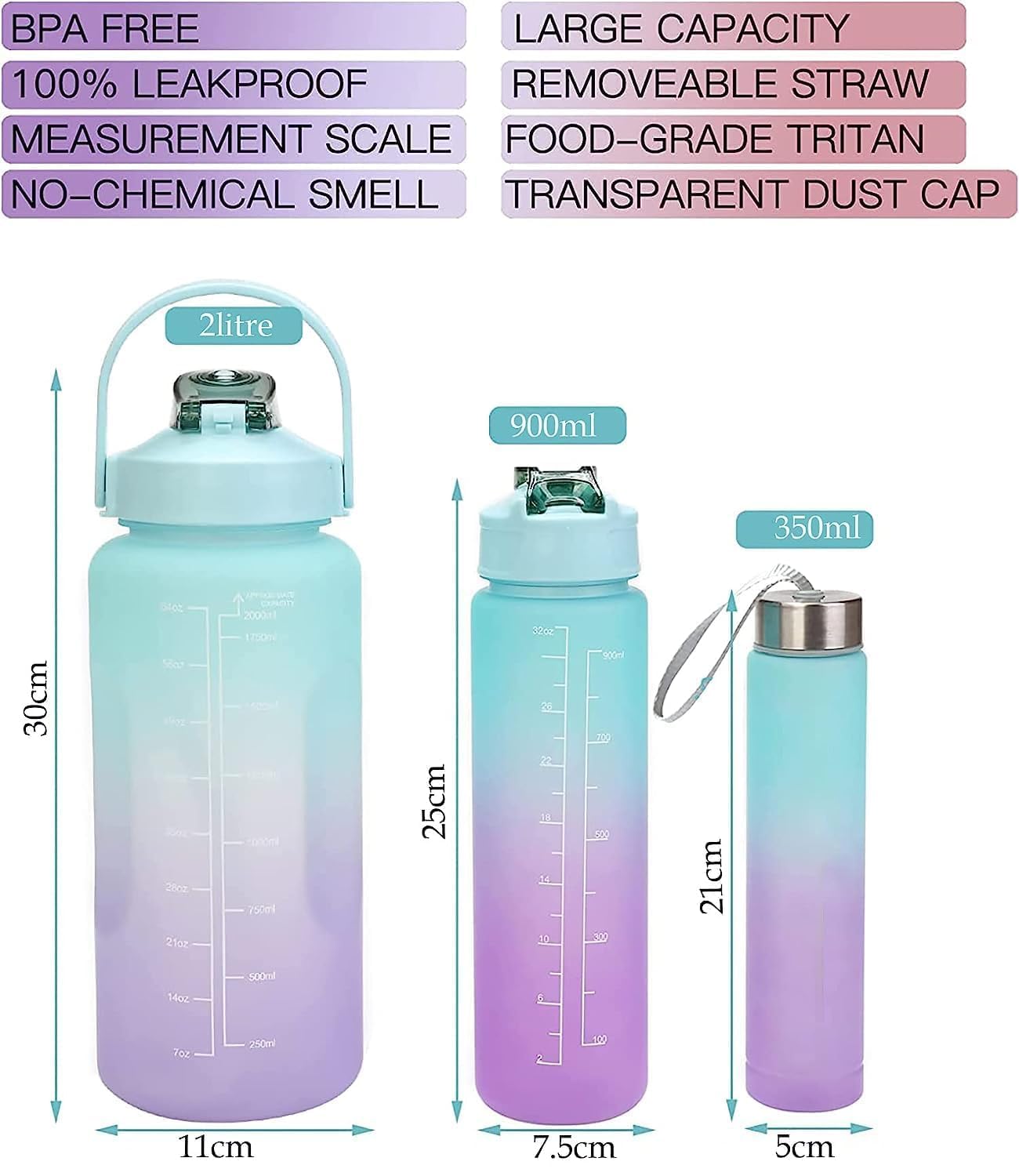 3 Water Bottle Set (2000ML, 900ML, 300ML)