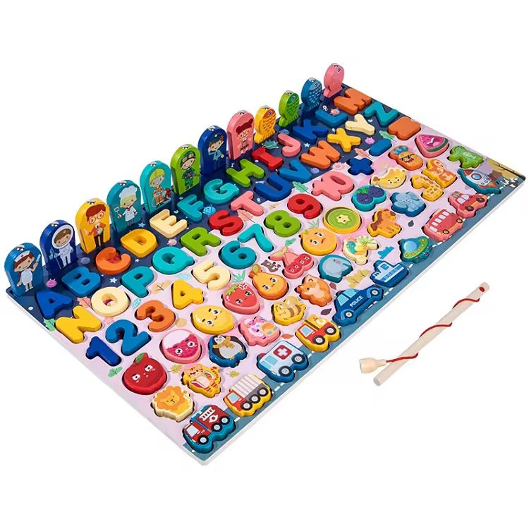 8 in 1 Educational Board with Fruits Vehicles Alphabets Numbers Magnetic Fishing Game