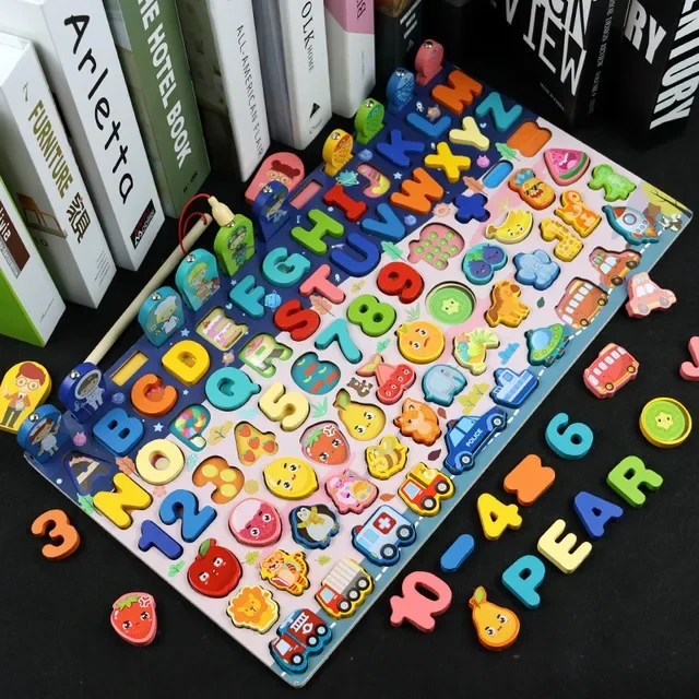 8 in 1 Educational Board with Fruits Vehicles Alphabets Numbers Magnetic Fishing Game