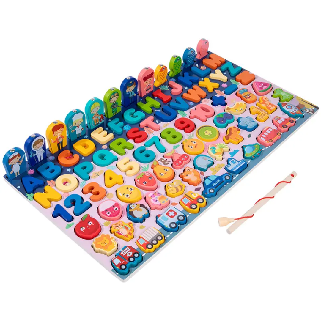 8 in 1 Educational Board with Fruits Vehicles Alphabets Numbers Magnetic Fishing Game